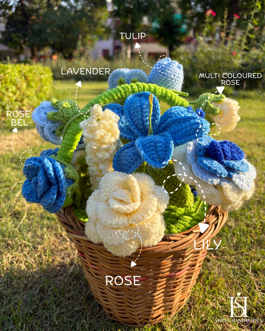Basket of blue crocheted flowers with a basket.
