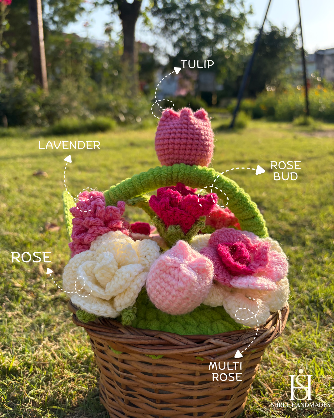 Crocheted flower basket with labeled flowers on a wicker basket.